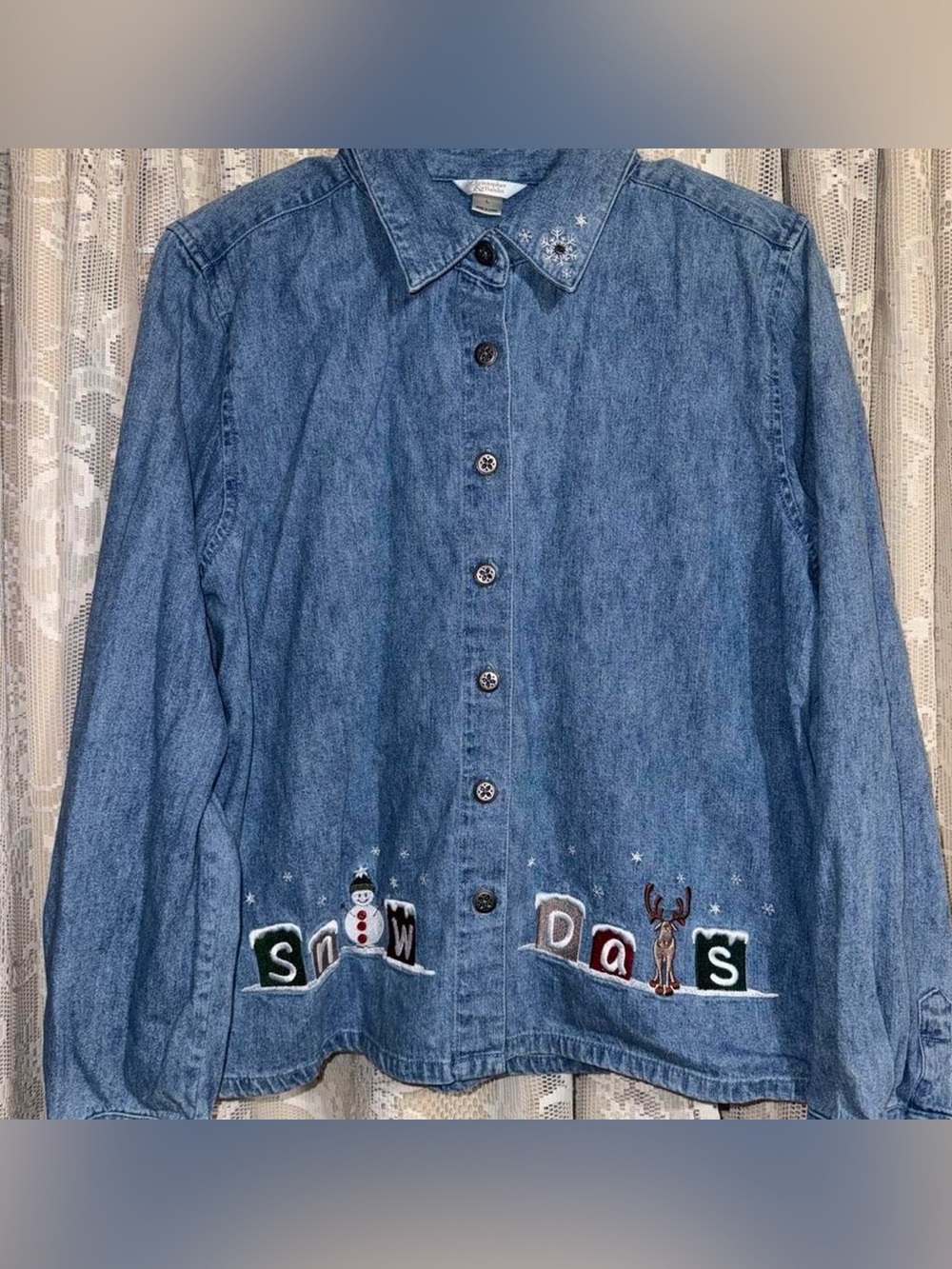 Vintage Christopher & Banks Blue Denim Jacket with Holiday Embroidery